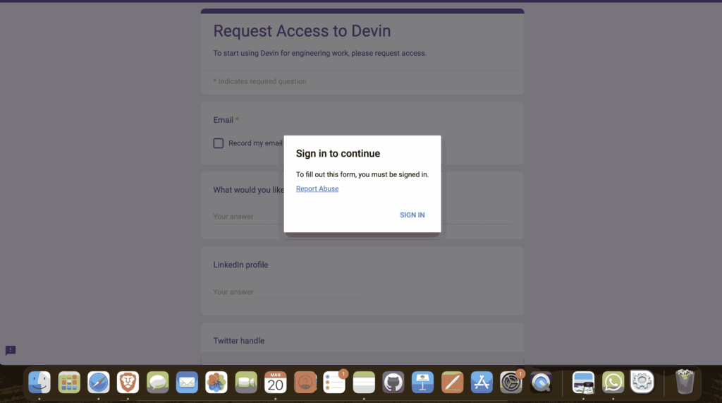 Request access preview Devin ai, Google form for Devin AI Signup