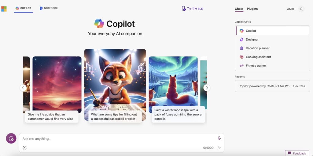 Copilot Home page