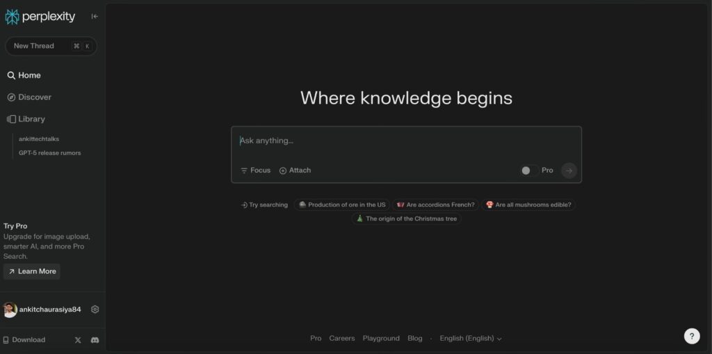 Perplexity AI Home page