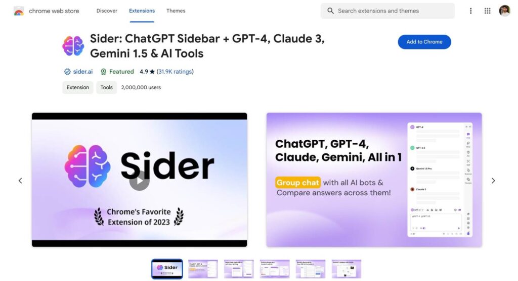 Sider: ChatGPT Sidebar + GPT-4, Claude 3, Gemini 1.5 & AI Tools, chatGPT chrome Extension