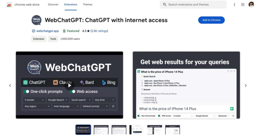 WebChatGPT: ChatGPT with internet access chatGPT chrome Extension